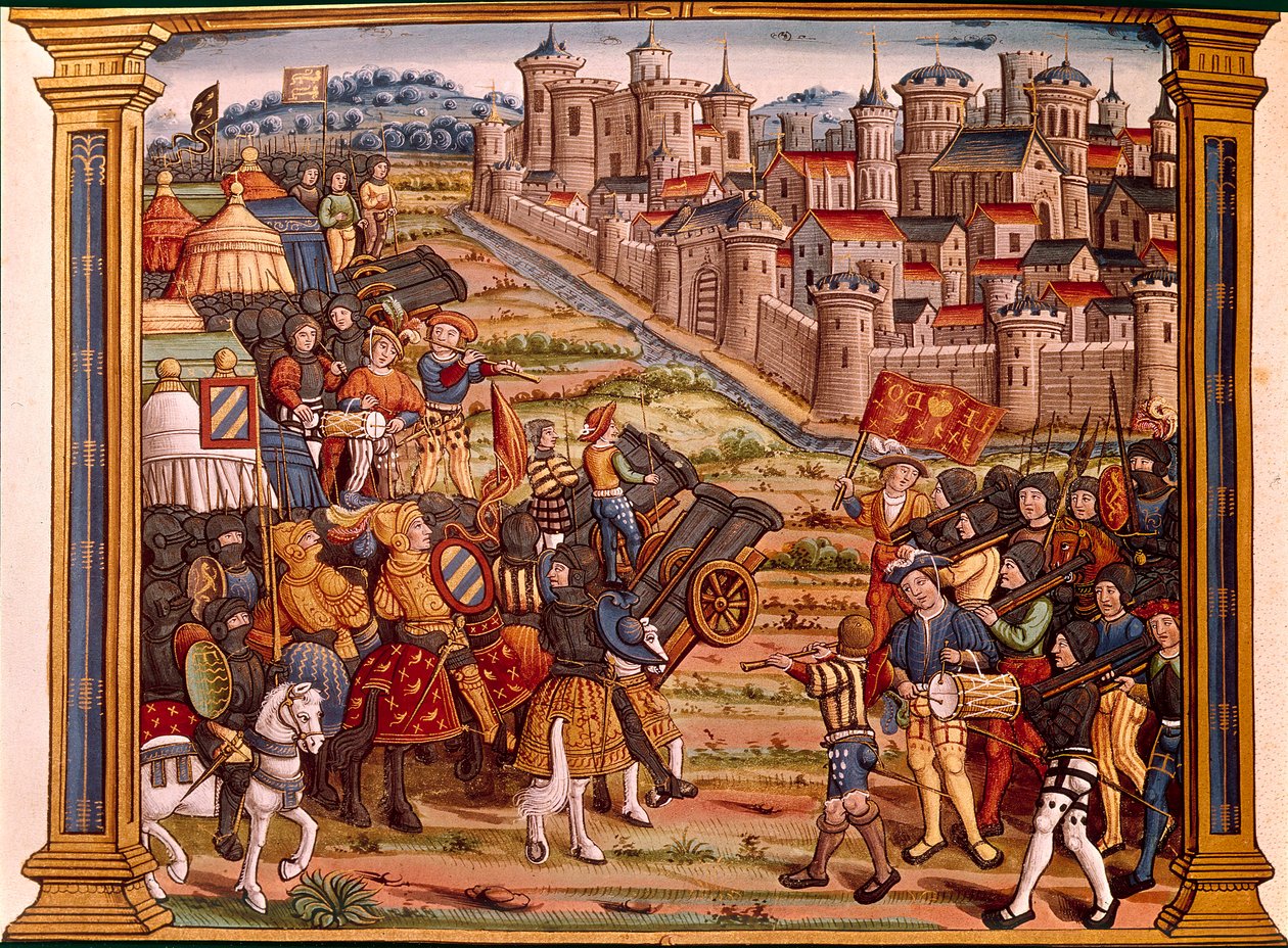 حصار مدينة بالقنابل: لويس الحادي عشر ضد Liegeois. تأخذ المنمنمة من مخطوطة "Les epitaphes des feux kings Louis XIth من هذا الاسم ومن تشارلز ابنه الثامن بهذا الاسم هذا الإله absoe" " بواسطة فنان غير معروف