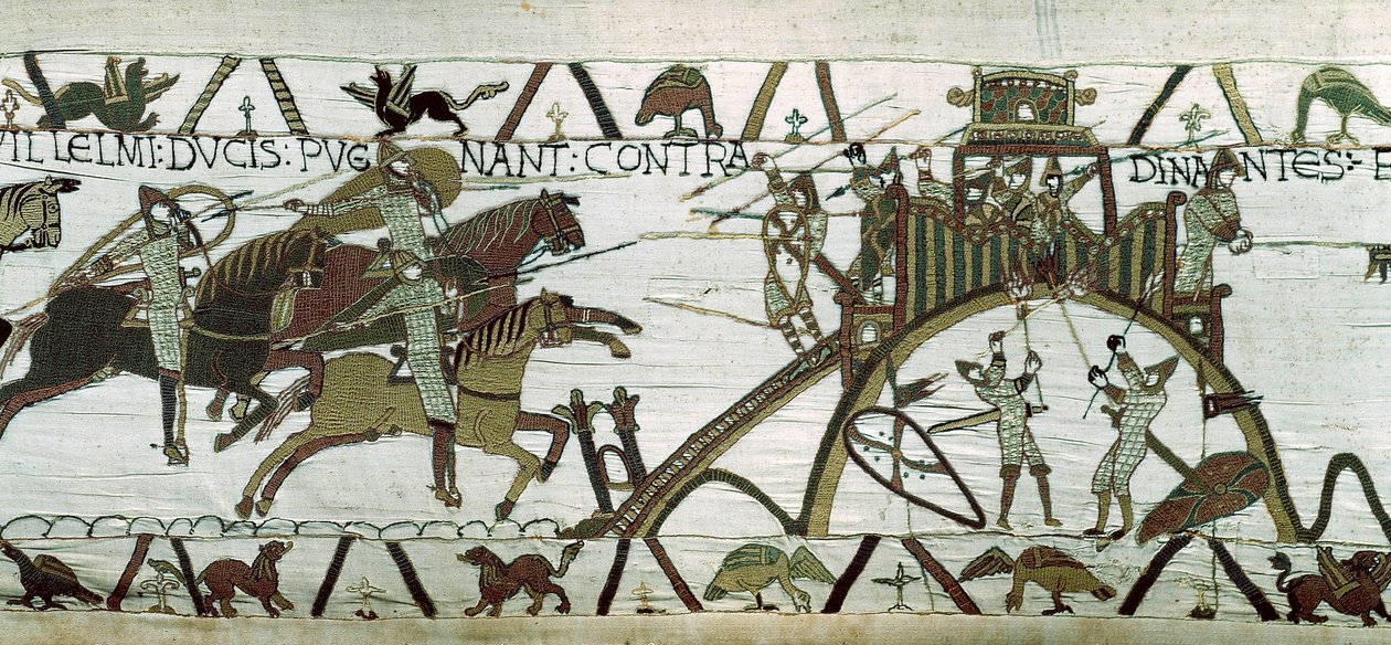 حصار مدينة دينان (كوت دي أرمور): هاجم جيش ويليام الفاتح (1028-1087) قبقاب المدينة. تفاصيل من نسيج بايو أو تطريز الملكة ماتيلد بواسطة فنان غير معروف