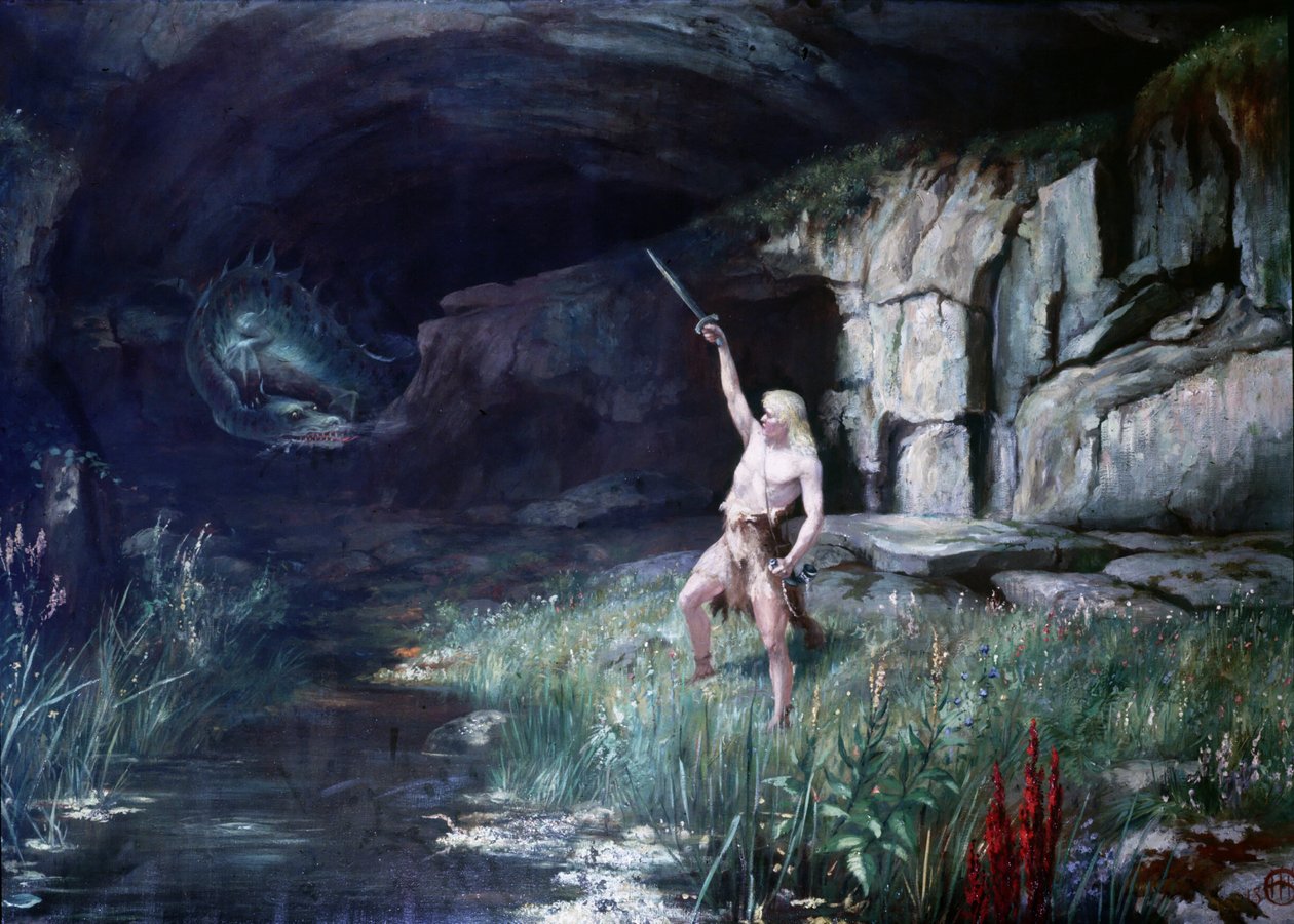 ولوح سيجفريد ، في مواجهة التنين فافنر ، بسيفه. مسرح الأوبرا "Ring of the Nibelungen" لريتشارد واجنر (1813 - 1883). لوحة. بواسطة فنان غير معروف