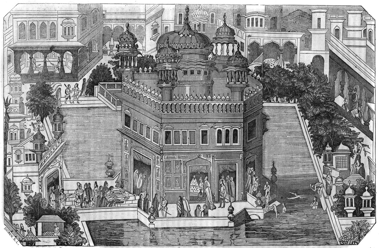 السيخية: منظر للمعبد الذهبي (Harmandir Sahib) والمركز الثقافي لدين السيخ وحوض ومدينة أمريتسار في ولاية البنجاب الهندية (مملكة لاهور). في "" المتجر الخلاب "" 1836 بواسطة فنان غير معروف