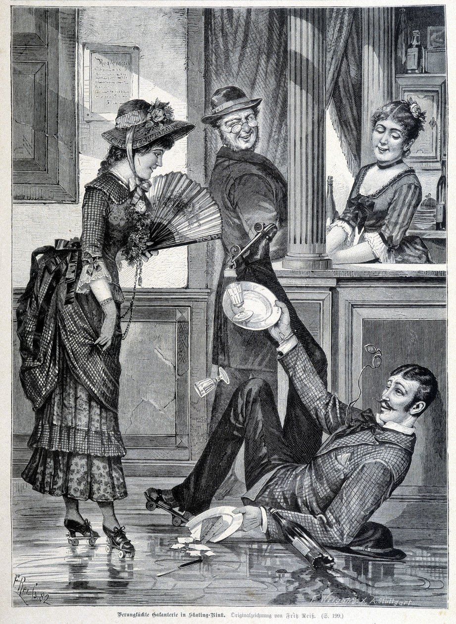 مشهد التزلج في مصنع الجعة. صبي يسقط ويكسر الصفائح التي كان يرتديها (1883). بواسطة فنان غير معروف