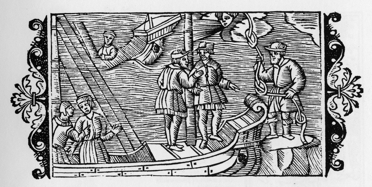 ساحر يبيع للبحارة الرياح المحبوسة في العقد الثلاثة للحبل - في "Historia de Gentibus Septentrionalibus" (تاريخ شعوب الشمال) بقلم Olaus Magnus ، روما 1555 بواسطة فنان غير معروف