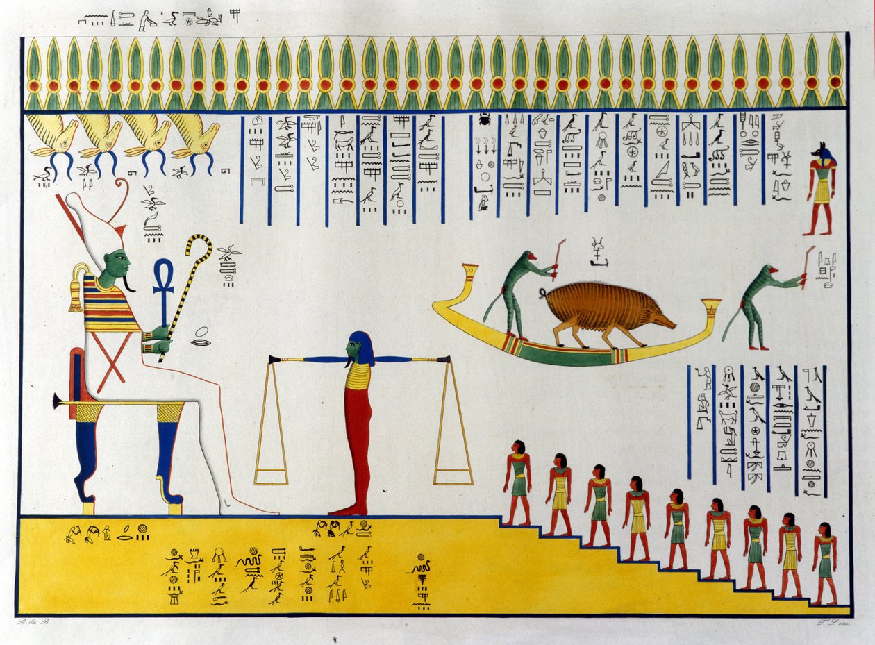 يزن أوزوريس الأرواح ثم اعتمادًا على الحكم ، يطير للانضمام إلى الأرواح الحرة أو العودة إلى أجسام الحيوانات لاستئناف دورة الهجرة المميتة. ملوك بواسطة فنان غير معروف