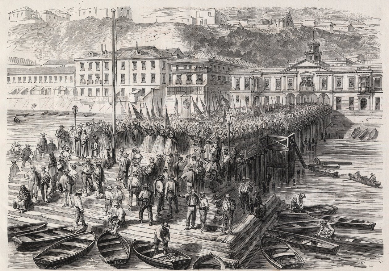 حرب أمريكا الجنوبية الإسبانية بين تشيلي وإسبانيا ، سبتمبر 1865: سيدات فالبارايسو ، في وجود السرب الإسباني الذي يغلق الميناء ، يغنون الترانيم الوطنية - نقش في "" العالم المصور " بواسطة فنان غير معروف