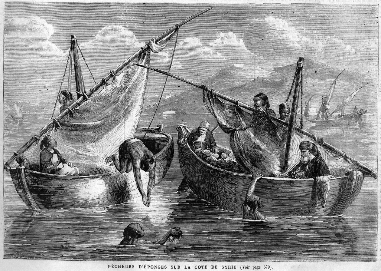 صيادو الإسفنج على الساحل السوري عام 1867 بواسطة فنان غير معروف