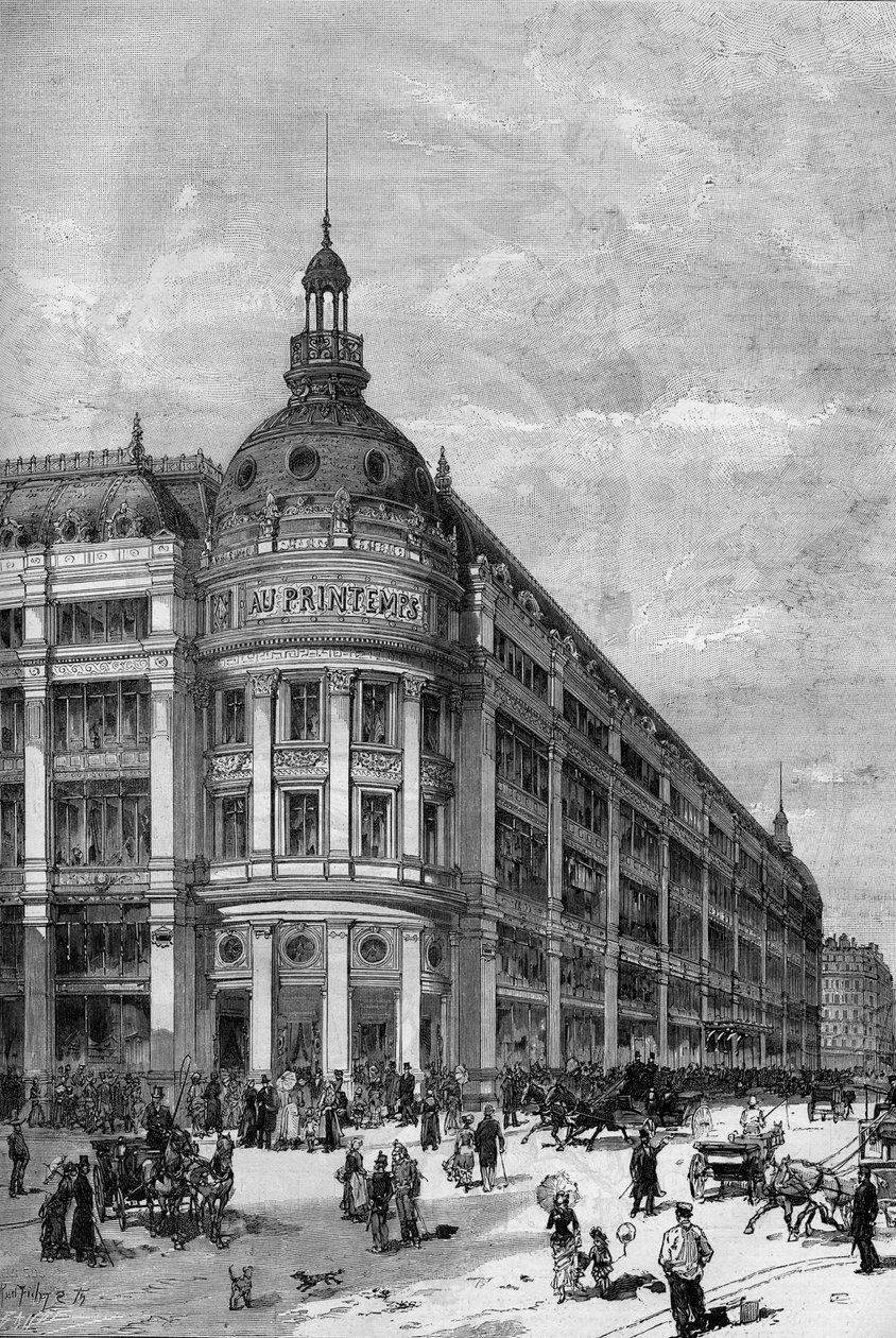 متاجر سبرينج في باريس عام 1883. جناح الزاوية بين شارع دي بروفانس وشارع كومارتين. بواسطة فنان غير معروف
