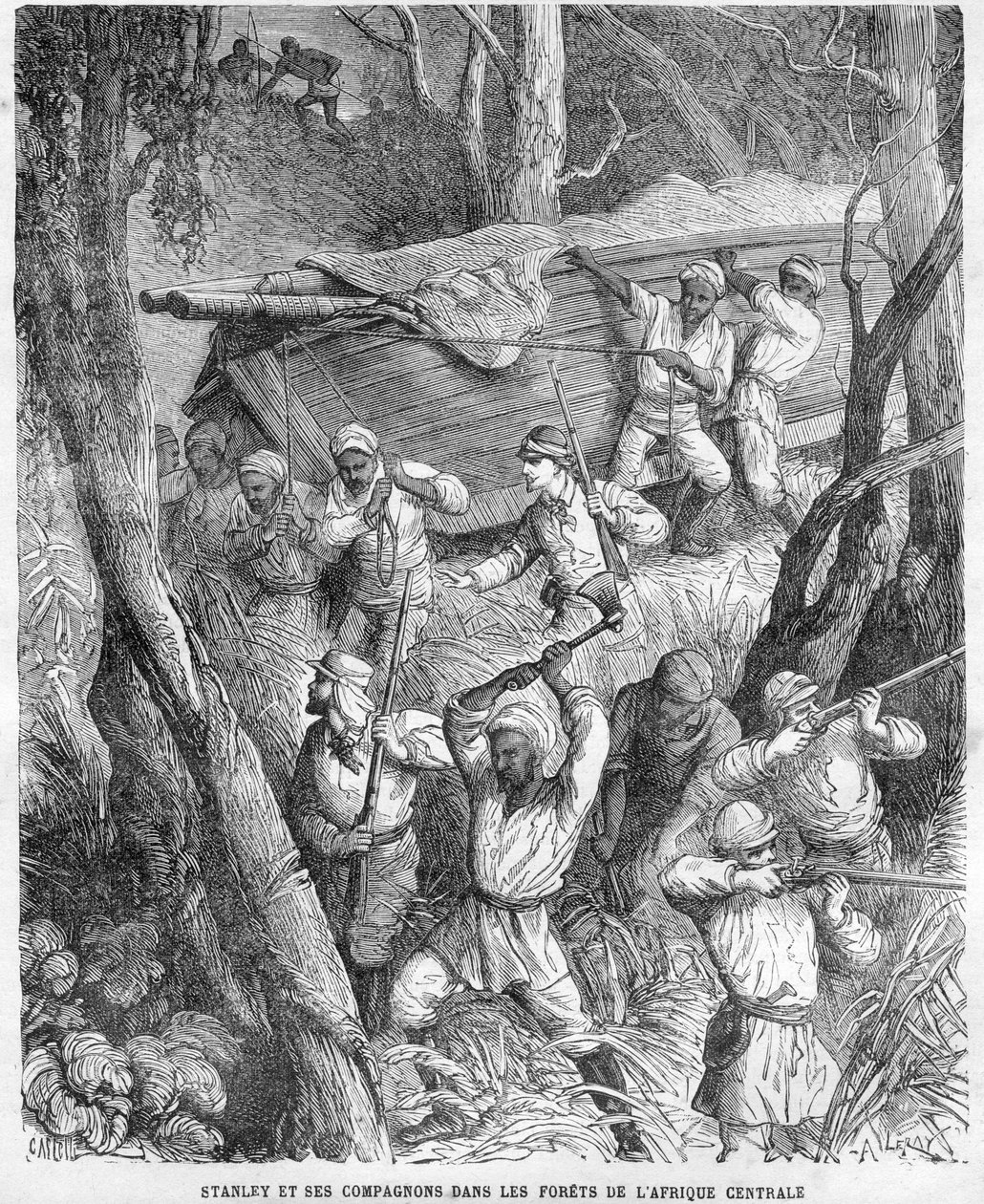 ستانلي في إفريقيا - رحلة ستانلي الاستكشافية إلى وسط إفريقيا 1874-1877: مسيرة عبر الغابة - نقش خشبي بعد رسم لهوراس كاستيلي (1825-1889). بواسطة فنان غير معروف