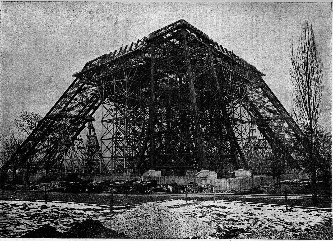 حالة بناء برج إيفل في باريس في بداية مارس 1888 ، نقش في جريدة "la jeunesse" " بواسطة فنان غير معروف