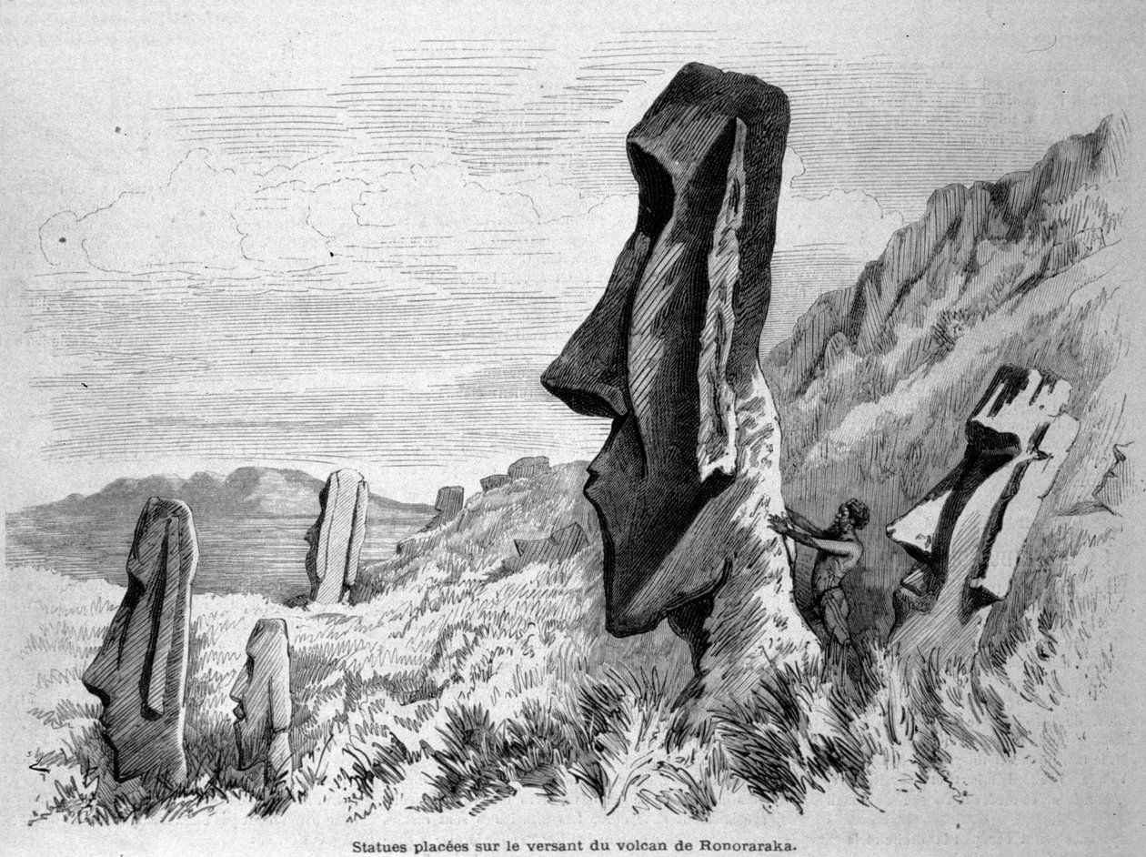 تماثيل موضوعة على منحدر بركان رونوراراكا في جزيرة إيستر (رابا نوي). نقش 1871. بواسطة فنان غير معروف