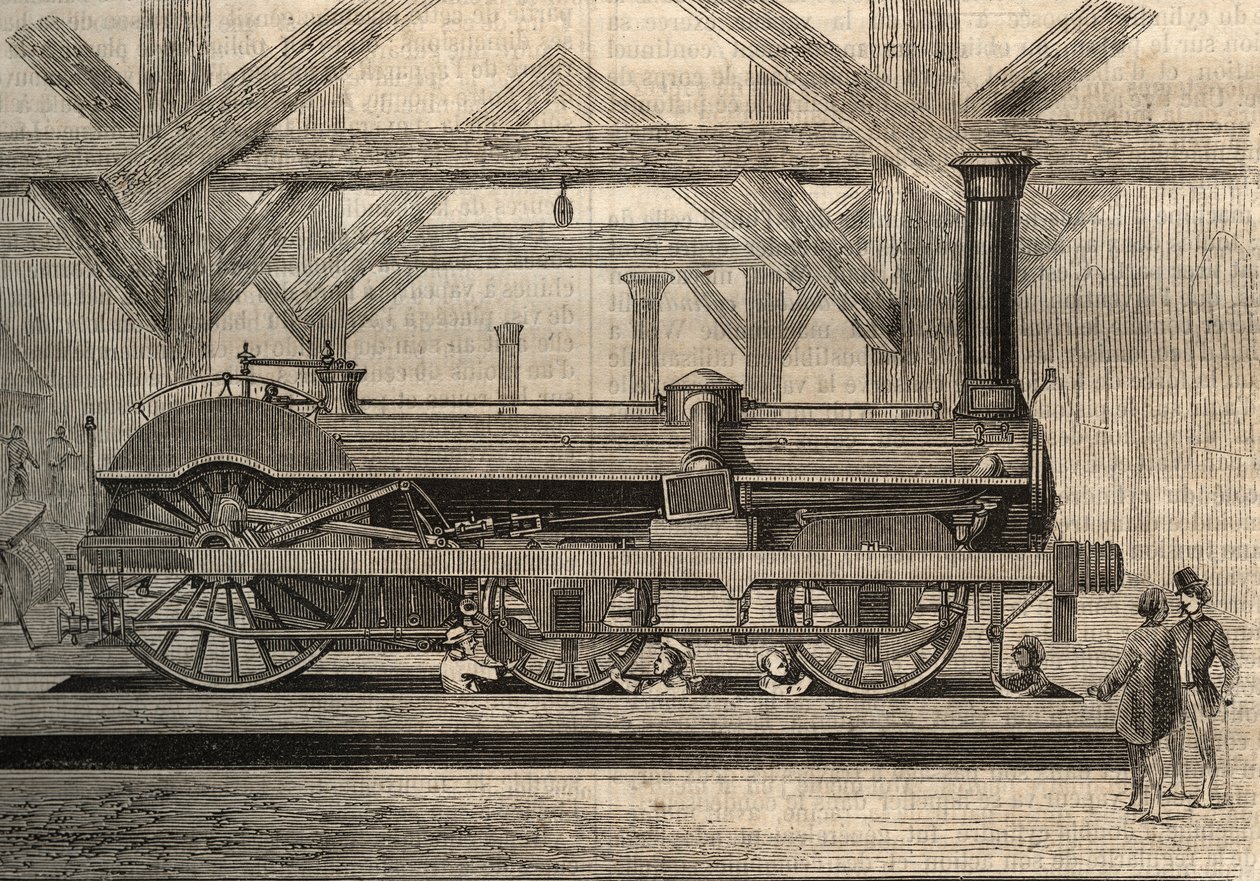 نموذج قاطرة بخارية ، نظام كرامبتون المسمى توماس راسل كرامبتون (1816-1888). نقش من 1856. بواسطة فنان غير معروف