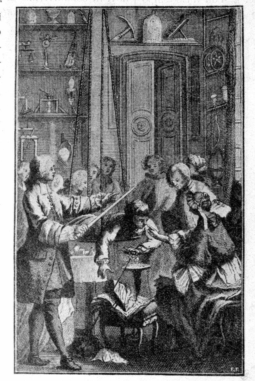 تجربة ستيفن جراي (1670 - 1736) عن التوصيل الكهربائي لجسم الإنسان. نقش القرن التاسع عشر. بواسطة فنان غير معروف