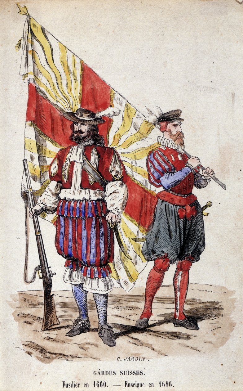 الحرس السويسري: Fusilier في عام 1660 و إنساين في عام 1616. بواسطة فنان غير معروف