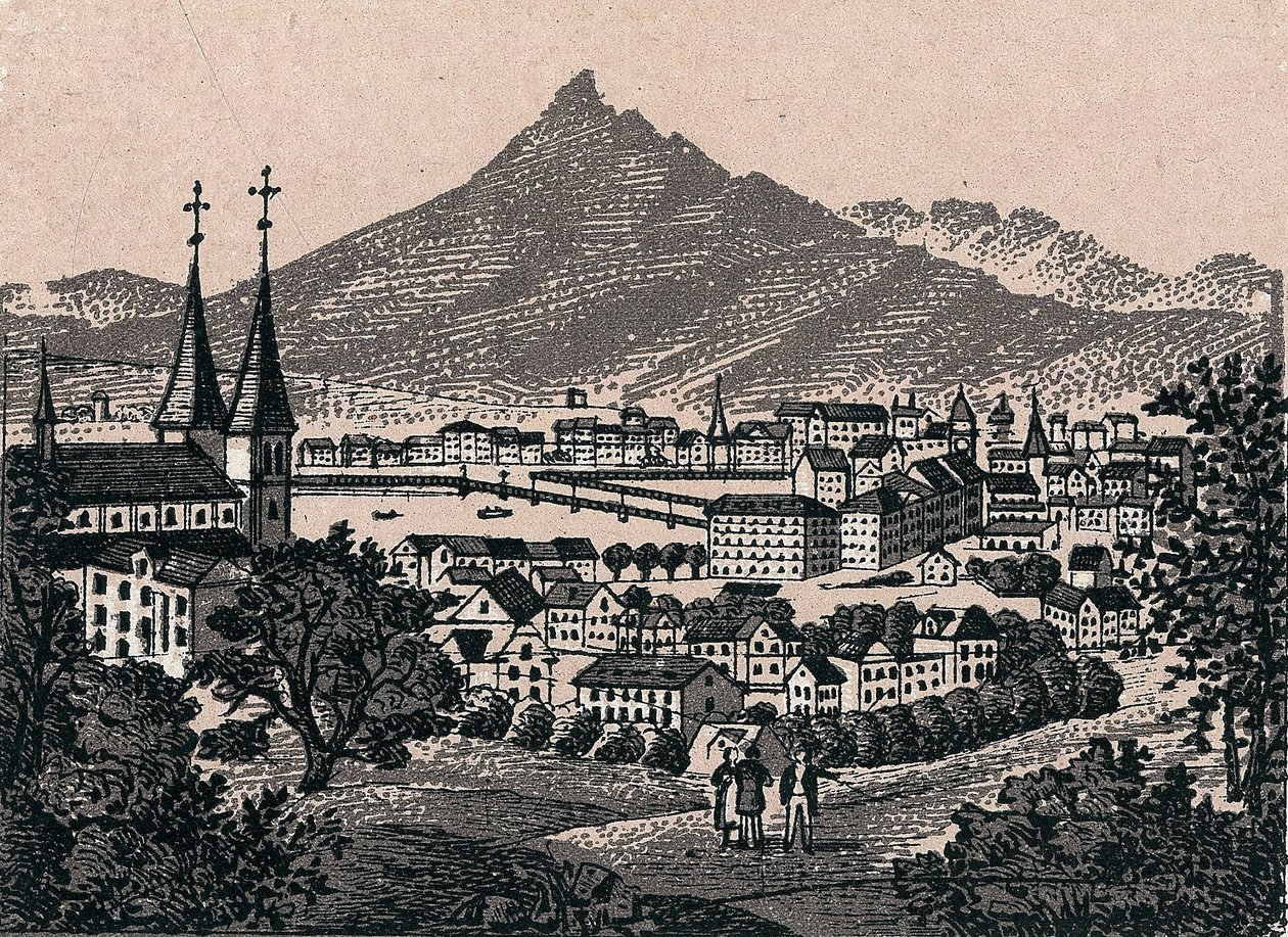 سويسرا: منظر لمدينة لوسيرن (البرسيم الحجازي). في "" العالم يوضح 168 مشاهدة "" غير مؤرخ (نهاية القرن التاسع عشر) بواسطة فنان غير معروف