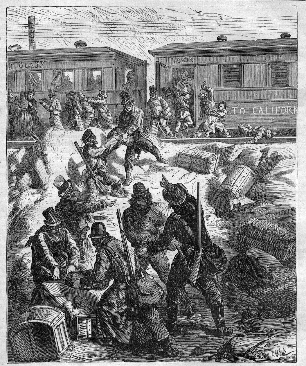 هجوم القطار الغربي البعيد - سكة حديد المحيط الهادئ - هجوم بواسطة قناع قطاع الطرق - نقش عام 1887 بواسطة فنان غير معروف