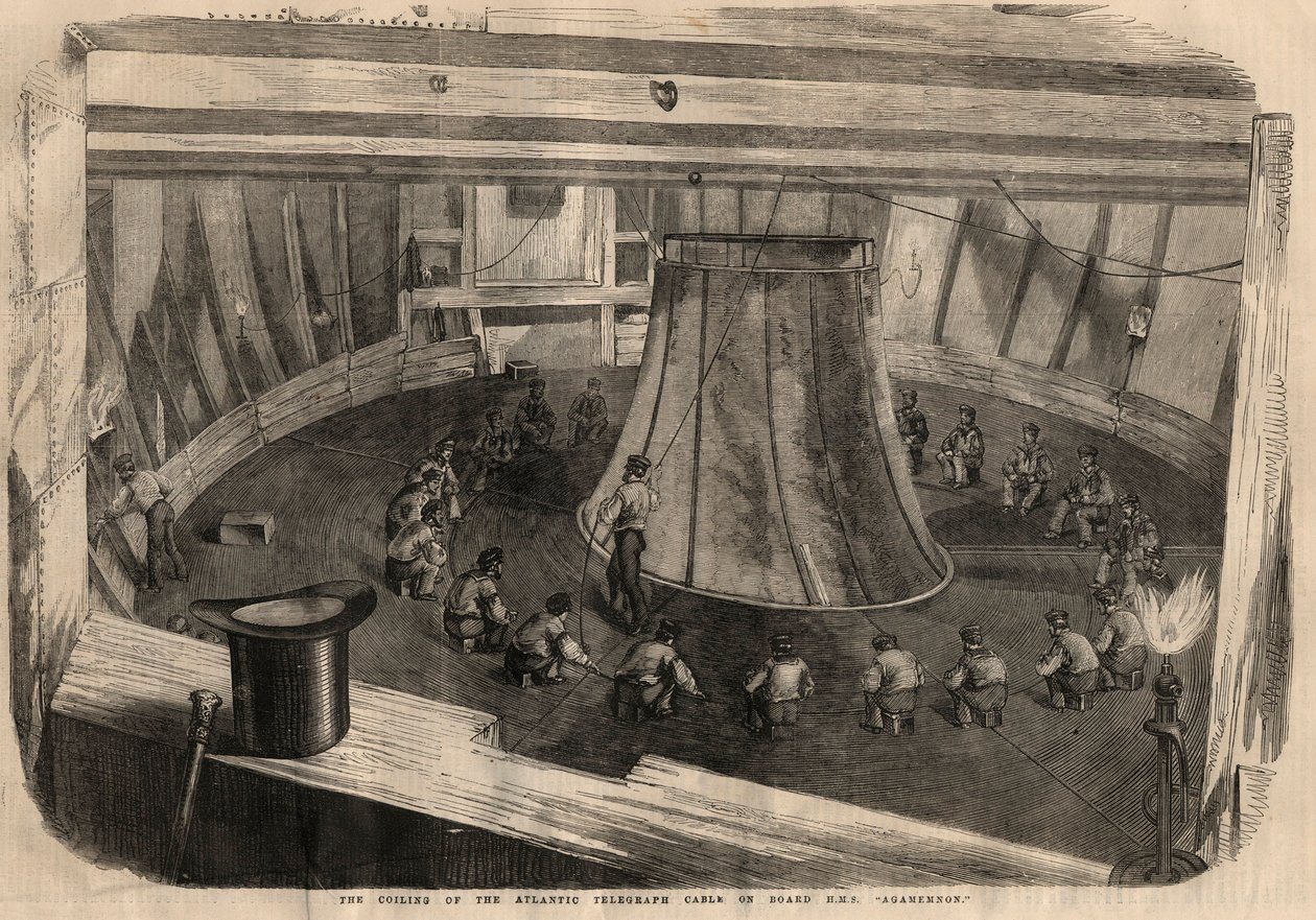 التلغراف: لف كابل عبر الأطلسي على متن السفينة HMS “” Agamemnon “” ”. نقش في "" أخبار لندن المصورة "" في 1 أغسطس بواسطة فنان غير معروف