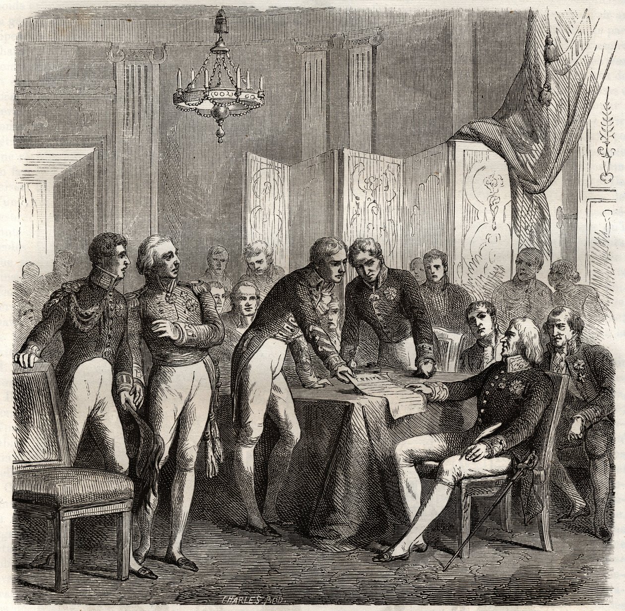 تحالف عام 1834 بين المملكة المتحدة وفرنسا وإسبانيا والبرتغال لفرض امتياز Evoramonte - في مواجهة مطالبة دون كارلوس بالعرش الإسباني ، التحالف الرباعي (Charles-Maurice de Talleyrand - Don Manuel Pando-Fernandez بواسطة فنان غير معروف
