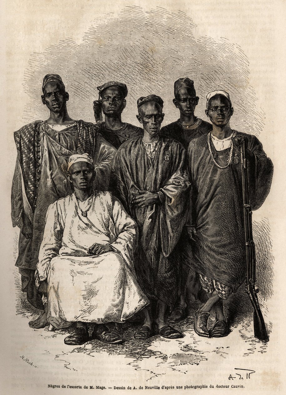 The African escort of Mage, lieutenant-on-the-ship, sent on a mission to Niger. Engravure to illustrate the story of Lieutenant Mage