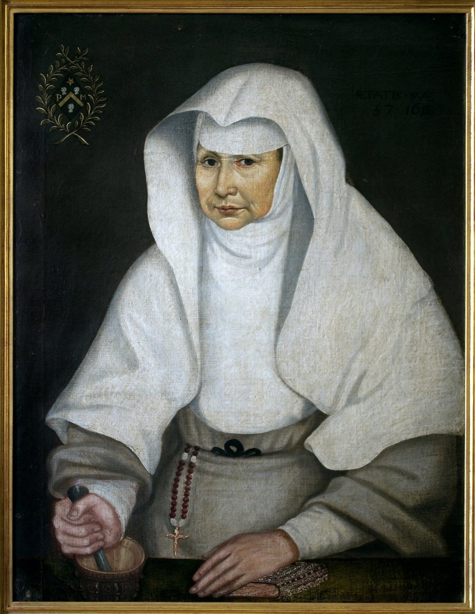 الأخت الصيدلانية بيريت مونيه (1557-1628) من فندق ديو دي بون. يمثل بقذيفة هاون ويده بمدقة. لوحة مجهولة ، زيت على قماش بواسطة فنان غير معروف