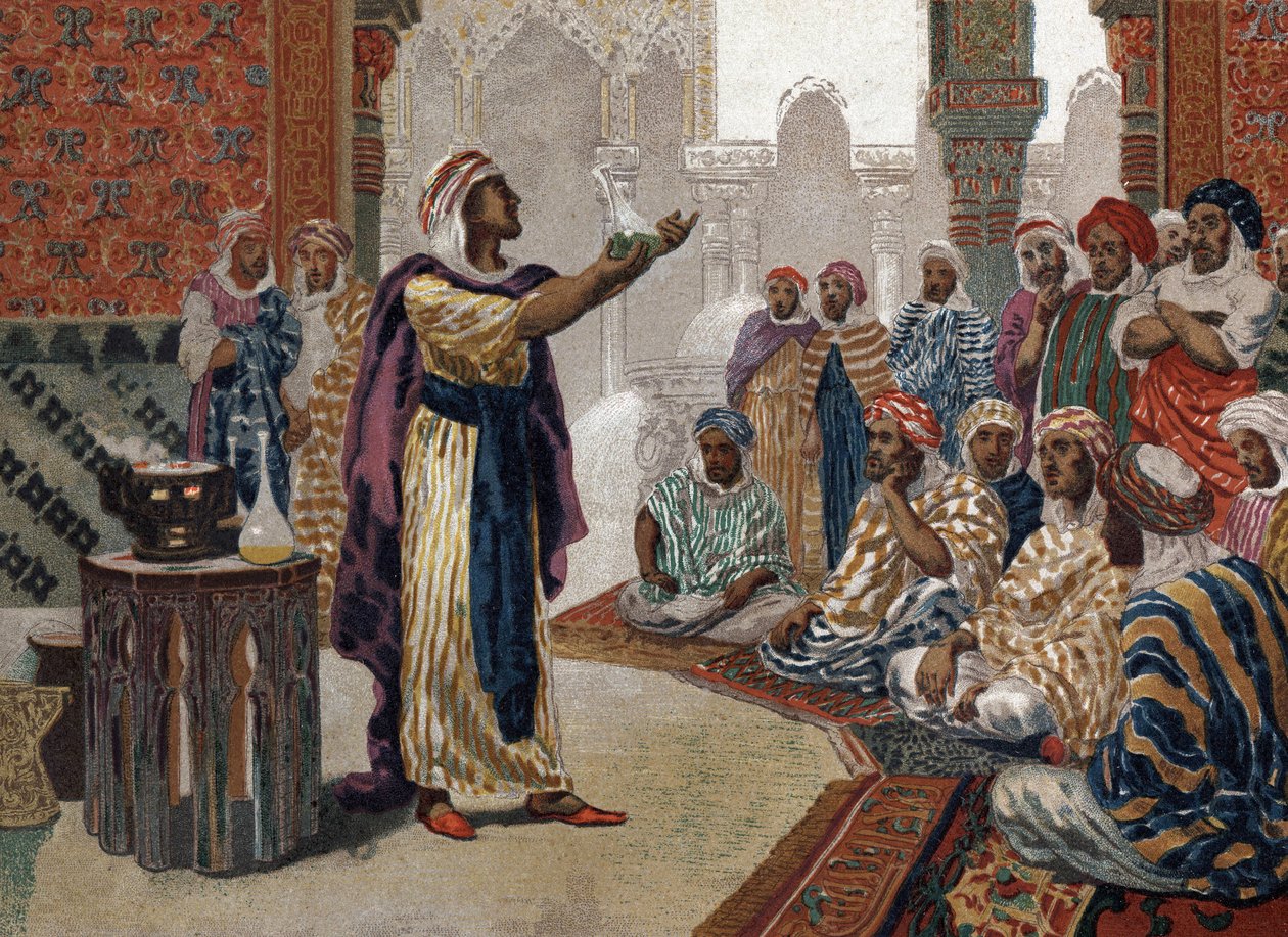 الكيميائي العربي جابر (جابر بن حيان) (آية ٧٢١ - ٨١٥) ، آينشتاين الكيمياء. برشلونة 1881 بواسطة فنان غير معروف