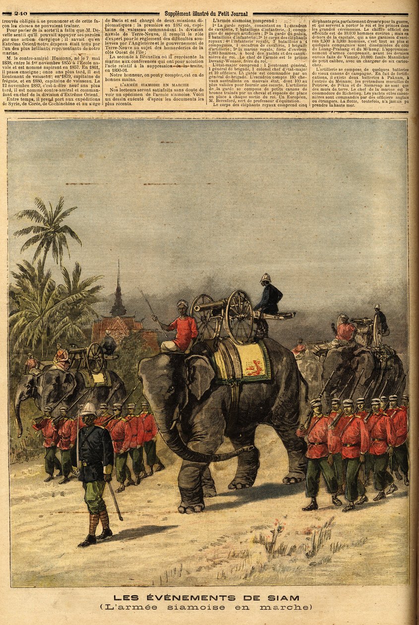 جيش سيام (تايلاند). نقش في "" مجلة Le petit "" 29/07/1893. مجموعة سيلفا. بواسطة فنان غير معروف
