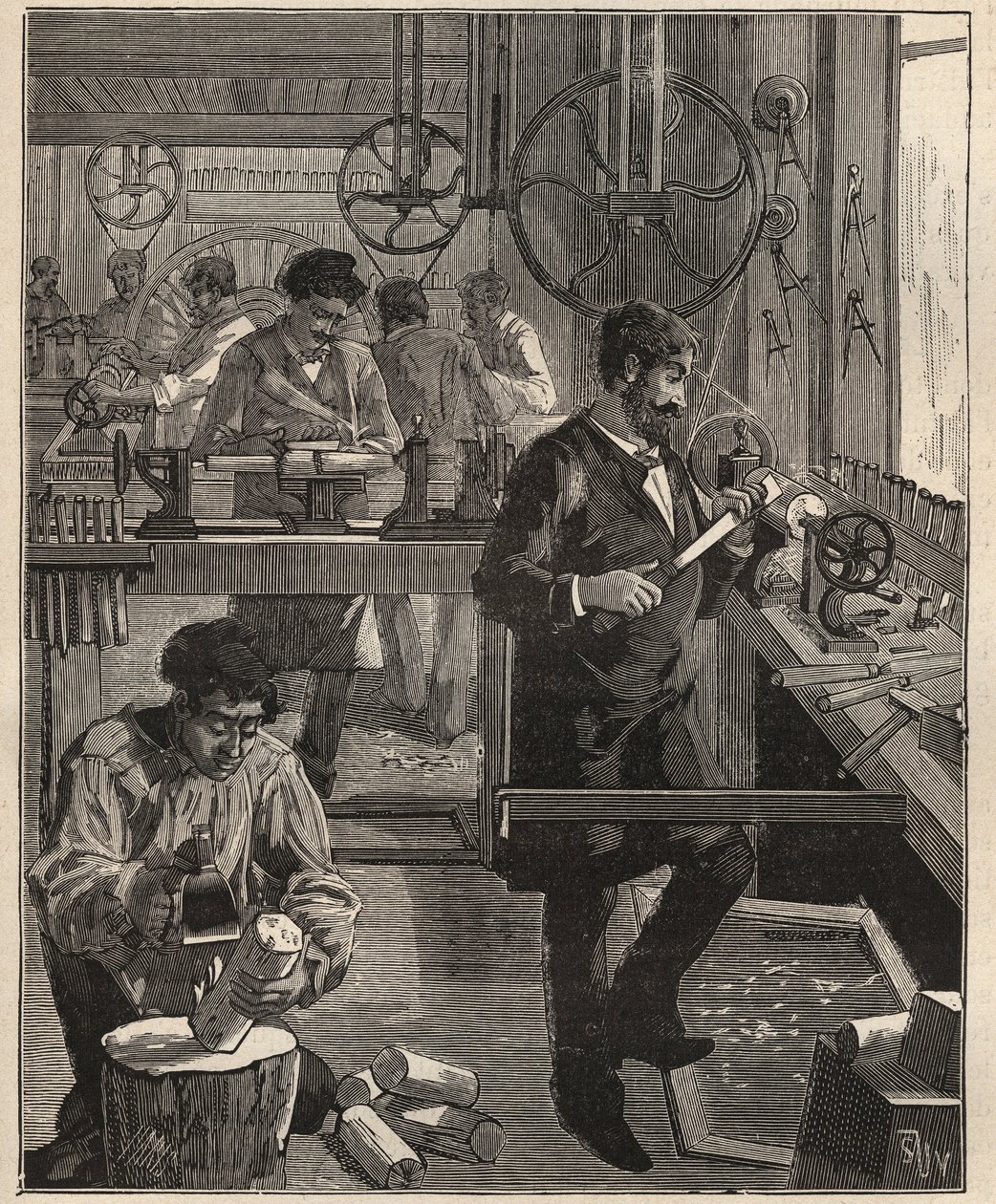 فن الجولة: ورشة تيرنر على الخشب. نقش من عام 1885 في "" Les Arts et metiers Illustres "" لأدولف بيتارد. بواسطة فنان غير معروف
