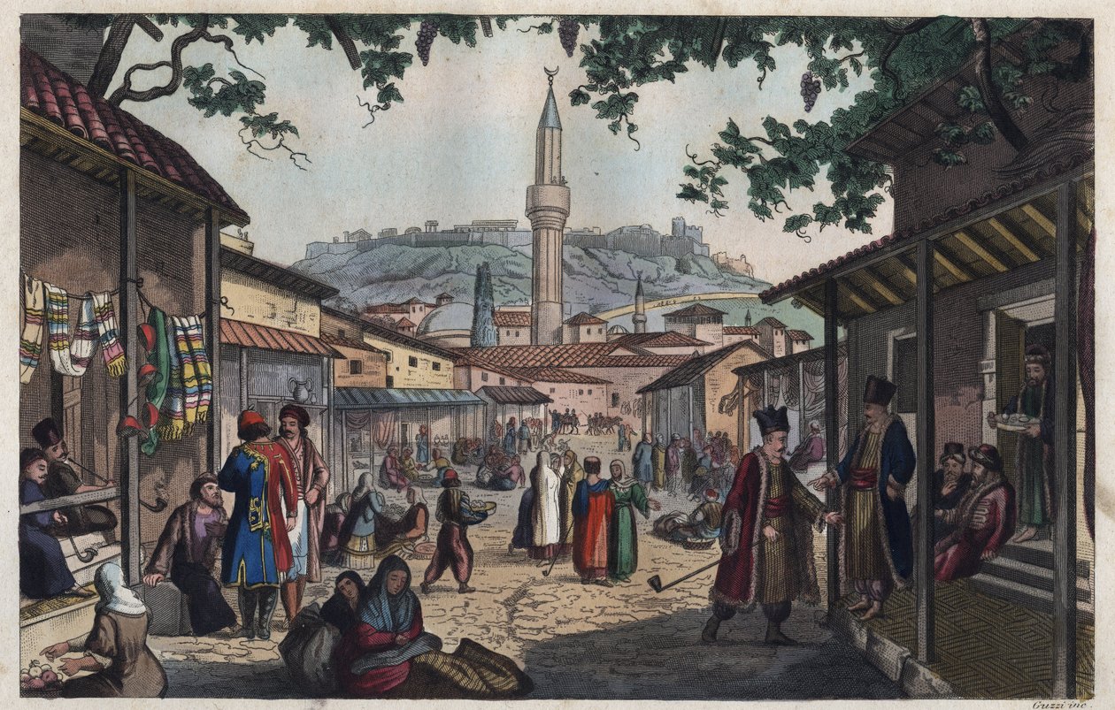 سوق بازار أثينا في أوائل القرن التاسع عشر - نقش Le marche bazar d'Athenes في القرن التاسع عشر من "" استخدامات وعادات جميع شعوب الكون. هذا هو تاريخ الحكومة ، من القوانين ، من الميليشيا ، من دين كل ن بواسطة فنان غير معروف