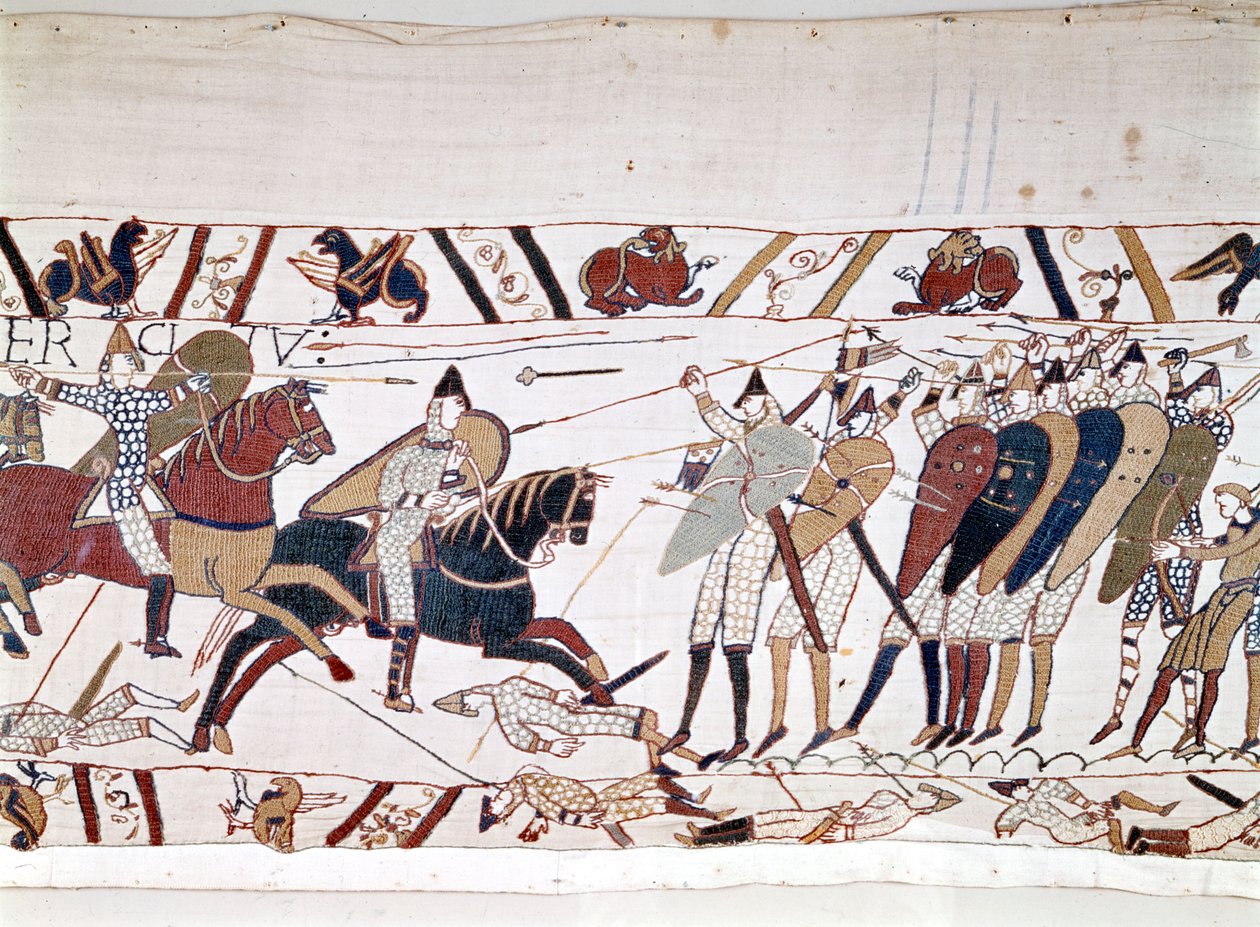 معركة هاستينغز ، التي انتصر فيها ويليام الأول الفاتح (1027-1087) في 14/10/1066 والتي توفي خلالها الملك هارولد الثاني ملك إنجلترا (1022-1066). نسيج بايو ، المعروف بتطريز الملكة ماتيلد بواسطة فنان غير معروف