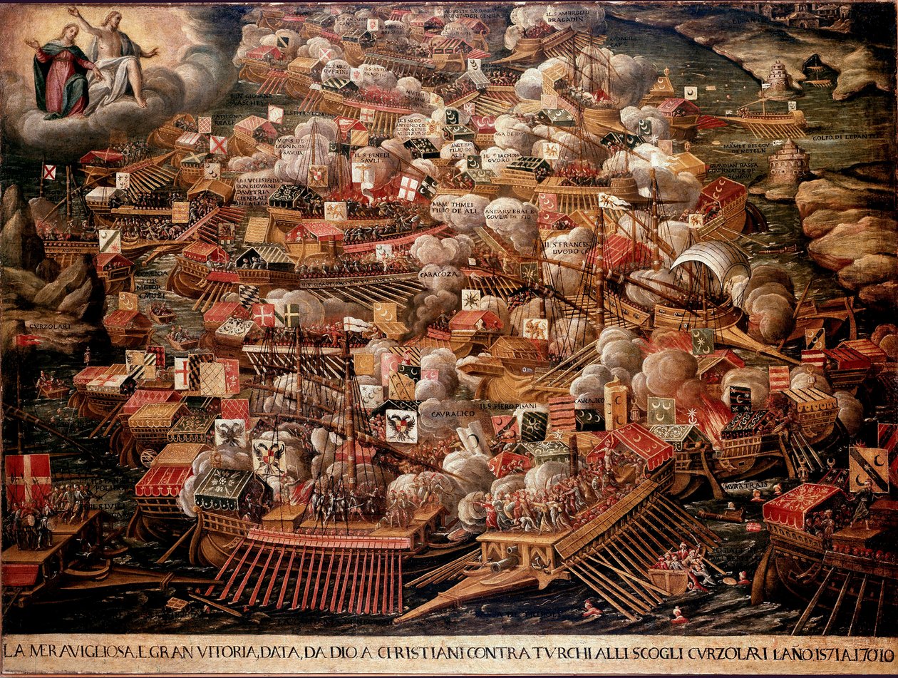 عارضت معركة ليبانت قبالة سواحل اليونان قوات إسبانية وفينيسية وبابا على العثمانيين في عام 1571. لوحة مجهولة. القرن السادس عشر. متحف البندقية كورير بواسطة فنان غير معروف