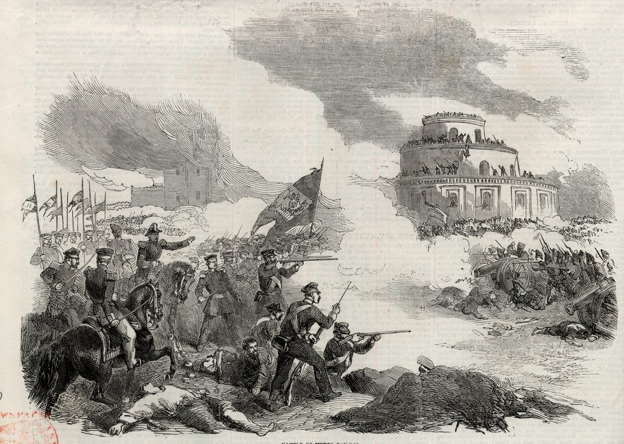 معركة مونتي كاسيروس في أبريل 1852 - ثورة خوستو خوسيه دي أوركويزا (1801-70) ؛ ضد الدكتاتور الأرجنتيني خوان مانويل دي روساس (1793-1877) - معركة كاسيروس ، أو معركة مونتي كاسيرو في 3 فبراير بواسطة فنان غير معروف