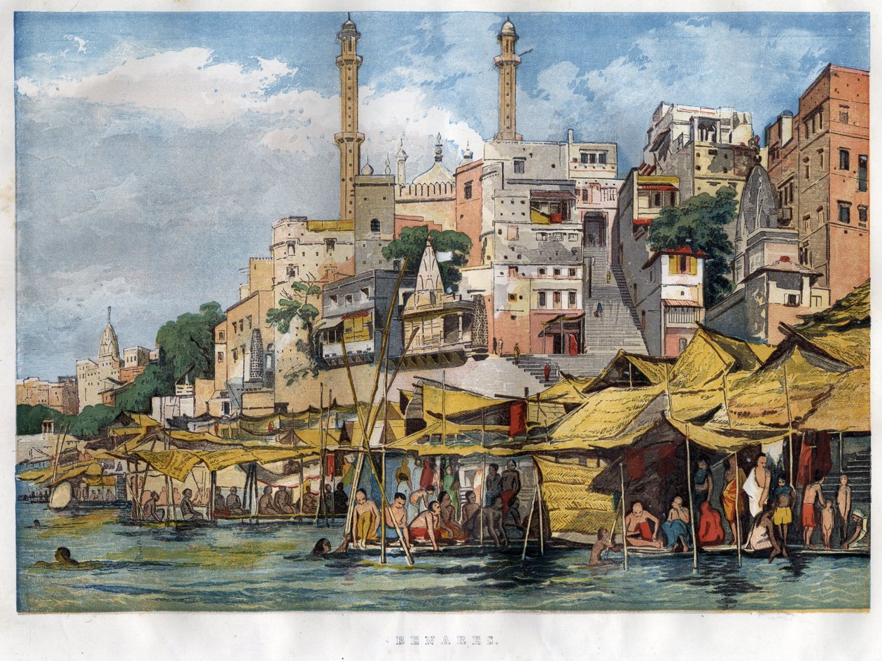 غات بيناريس في الهند (فاناراسي حاليًا) (غات يحدد الدرجات التي تغطي ضفاف الأنهار وضفاف الأحواض والخزانات التي تسمح بالنزول عند ملامسة الماء). نقش من 1857. بواسطة فنان غير معروف