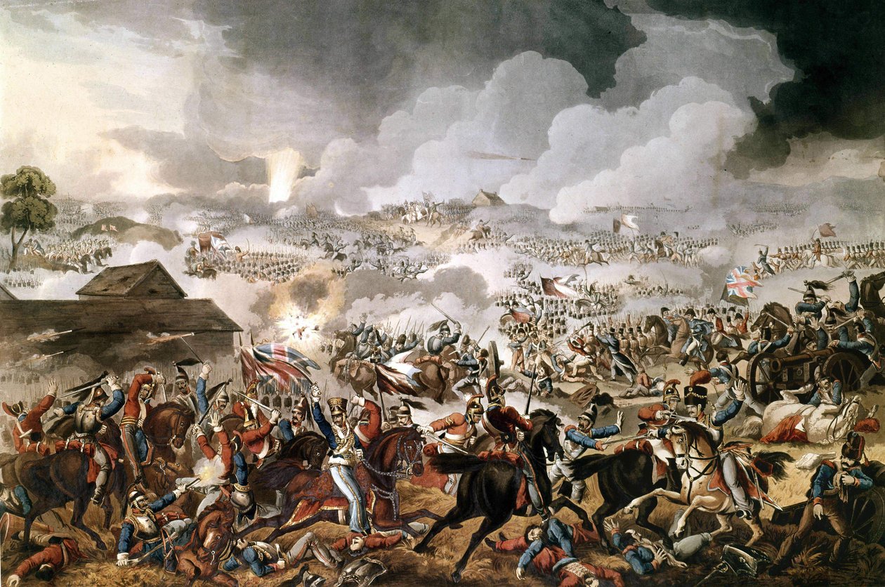 انتصر الجيش البريطاني بقيادة دوق ولينغتون (1769-1852) في معركة واترلو ضد القوات الفرنسية لنابليون الأول في 18/06/1815. نقش الفترة. بواسطة فنان غير معروف