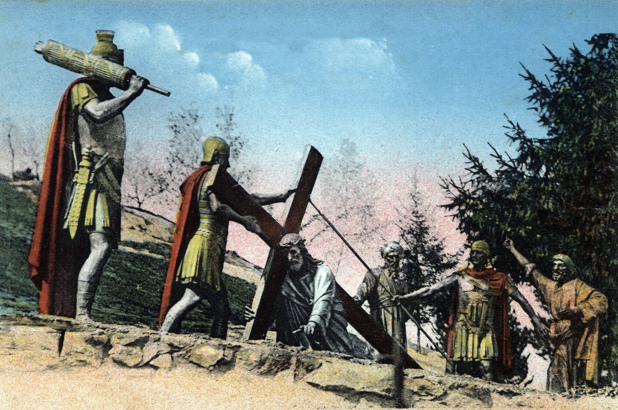 جلجلة لورد (طريق الصليب) (حمل الصليب): المحطة الثالثة - يسوع يسقط تحت ثقل صليبه. بواسطة فنان غير معروف