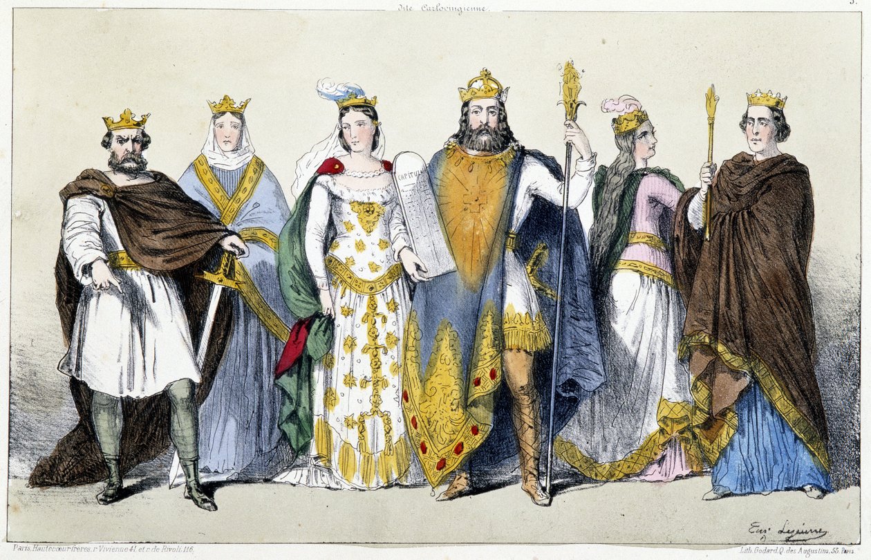 الكارولينجيون: Pepin the Brief (715-768) و Bertrade of Laon (Berthe aux grand pieds) (720-783) ، Charles I dit Charlemagne (742-814) و Hildegarde of Vintzgau (758-783) ، Louis I dit the Pieux أو Debonnaire (778-840) و Ermengarde of Hesbaye (كاليفورنيا. بواسطة فنان غير معروف