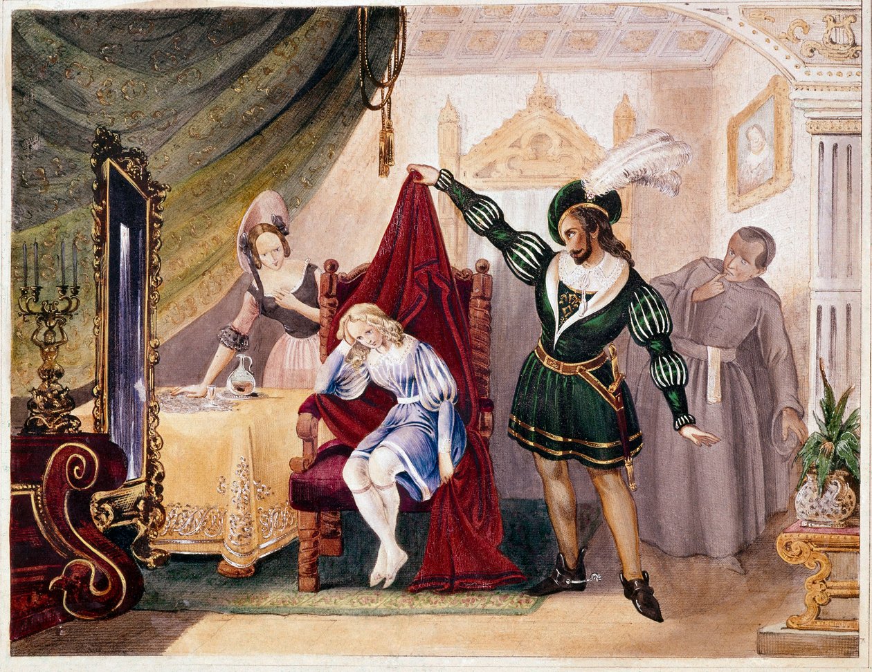 تقدم الكونت إلى سوزان بينما تم إخفاء شيروبين على الكرسي ، من حفل زفاف فيجارو لموزارت (نقش) بواسطة فنان غير معروف