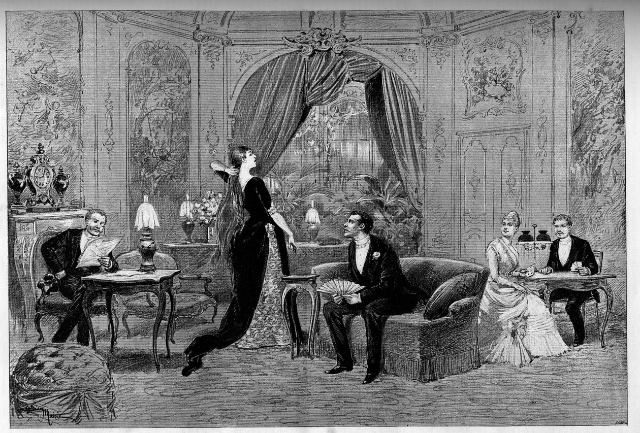 The Count of Riverolles و Francine و Stanislas de Grandredon و Therese Smith و Henri de Simeux ، شخصيات مسرحية "فرانسيلون" ، الكوميديا من قبل ألكسندر دوما (1824-1895) لعبت في كوميدي فرانسيس (1887) في باريس. نقش في "" Le monde illustriou بواسطة فنان غير معروف