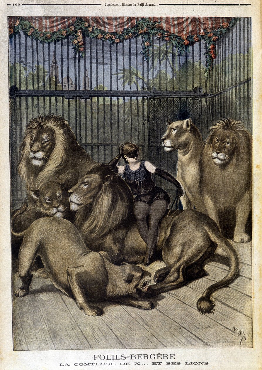 كونتيسة إكس ... وأسودها في العرض في Folies Bergères في باريس. في Le Petit Journal في 19/05/1895. بواسطة فنان غير معروف