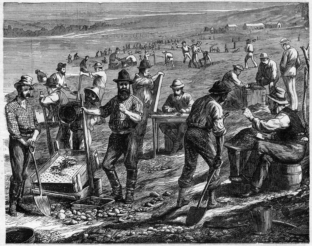 The Diamond Fields at the Cape - Washing for Diamonds - غسل الماس في جنوب إفريقيا في القرن التاسع عشر. بواسطة فنان غير معروف