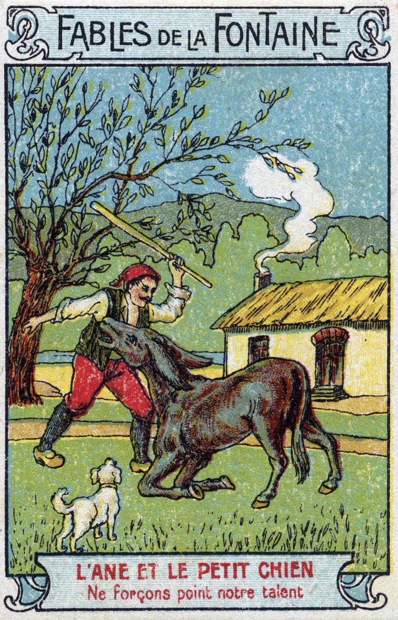 The Donkey and the Little Dog - أساطير لجان دي لافونتين (1621-95) Chromolithography من نهاية القرن التاسع عشر مجموعة خاصة بواسطة فنان غير معروف