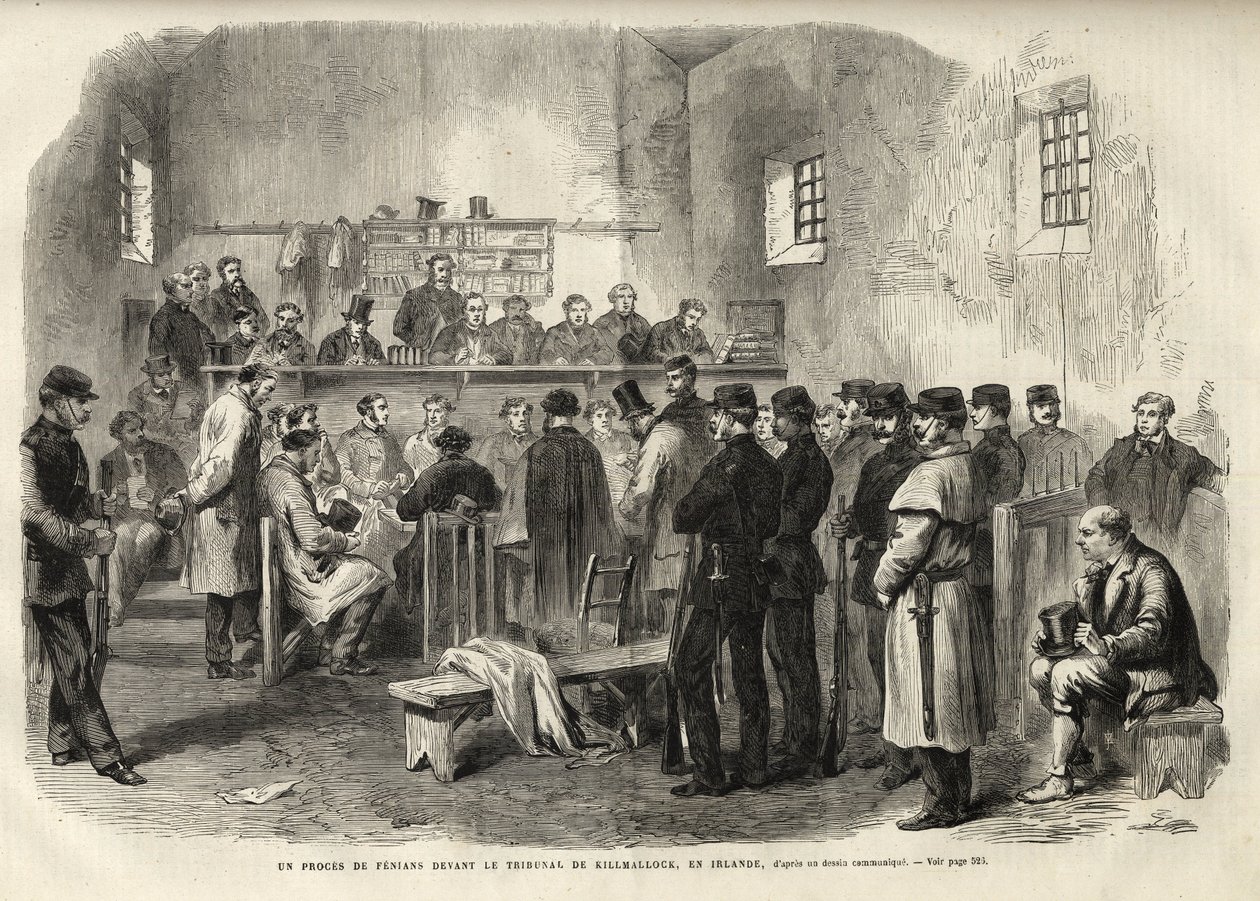 تمرد فينيان ، التحقيق بشأن السيد كليري في قاعة المحكمة في كيلمالوك - 1867 - محاكمة الفينيين أمام محكمة كيلمالوك في أيرلندا - 1867 - نقش من "الكون المصور" عام 1867 بواسطة فنان غير معروف