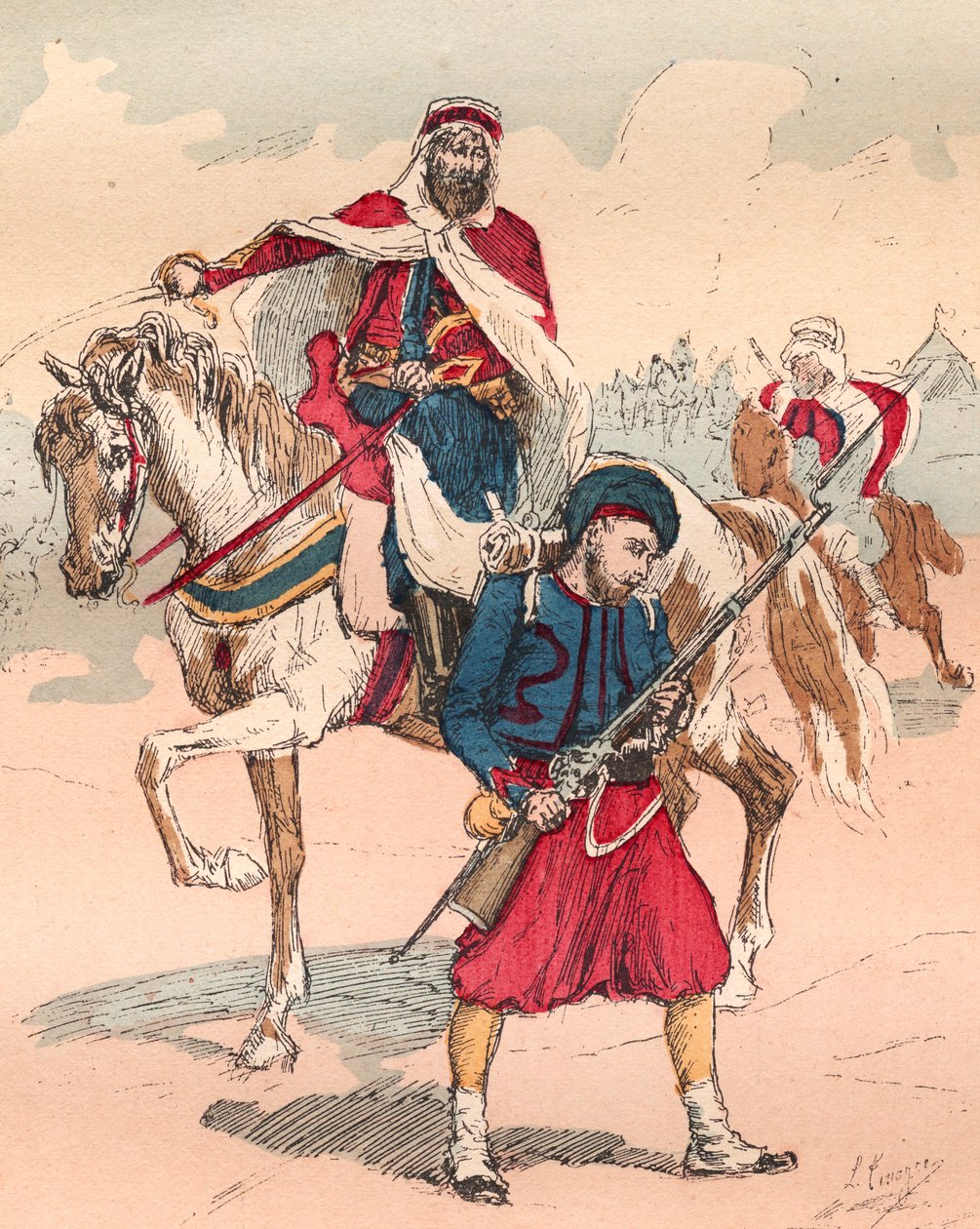 الجيش الفرنسي في عهد لويس فيليب من 1830 إلى 1848 - زواف وسباهي - نقش من عام 1882 في "" Histoire de dix ans: 1830-1840 "" "Louis-Blanc (1811-1882) بواسطة فنان غير معروف