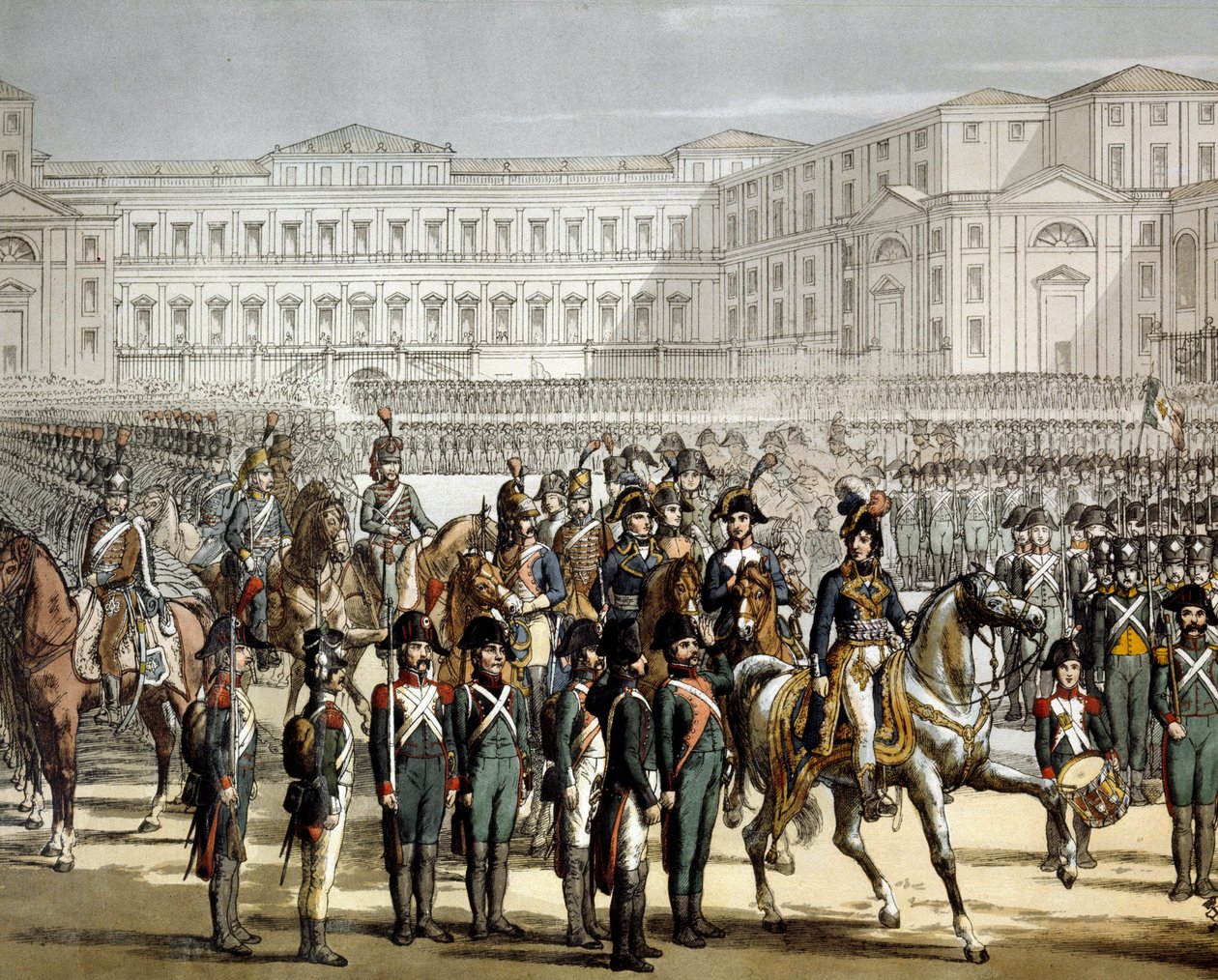 الجنرال الفرنسي وملك نابولي جيواكشينو (يواكيم) مراد (1767-1815) يستعرض ميليشيا كيسالبين أمام فيلا ريالي دي مونزا في 07/08/1801. نقش Museo del Risorgimento ميلانو بواسطة فنان غير معروف