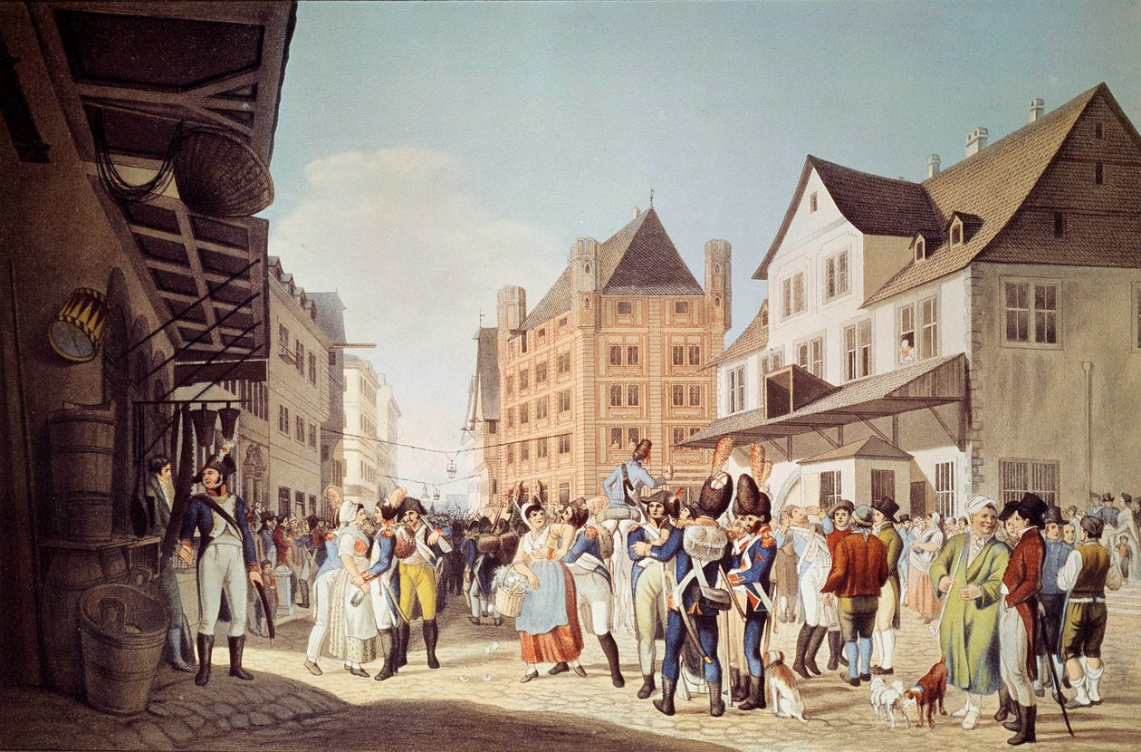 القوات الفرنسية من فوج المشاة الرابع والعشرين تغادر فرانكفورت مع نقش الجنرال أوجيرو عام 1808 في فرانكفورت ، المتحف التاريخي بواسطة فنان غير معروف