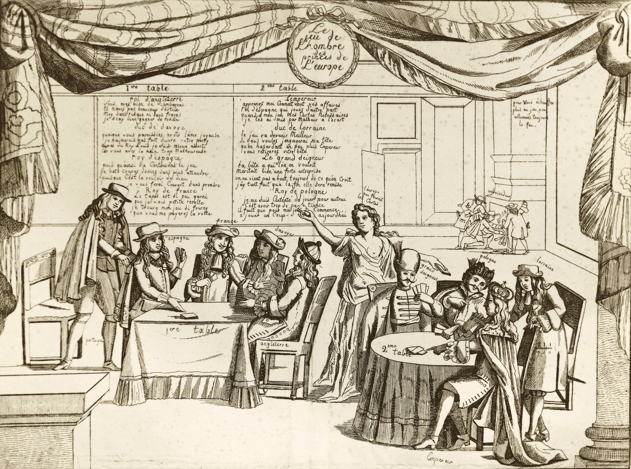 The Game of the Hombre of the Princes of Europe - Hombre ، استعارة للسياسة الدولية - 1685 - تم تقطيع أوروبا إلى أجزاء من قبل الملوك الخارجين عن السيطرة الذين "يلعبون" أراضيهم مثل ممتلكاتهم - الهجاء يتبع Treve of Regensburg، si بواسطة فنان غير معروف