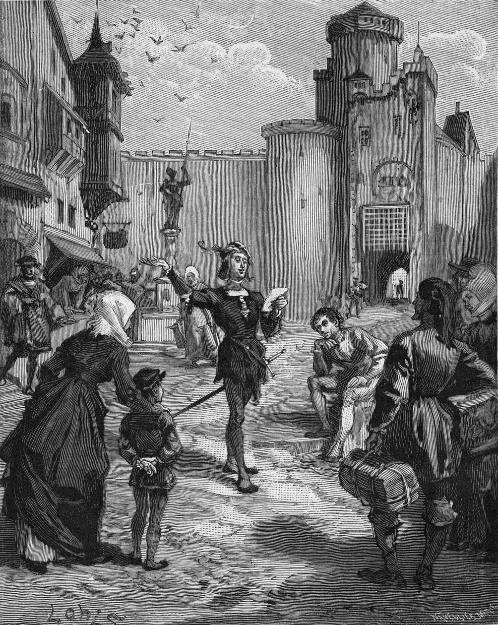 الفارس والشاعر وعالم الإنسانية الألماني أولريش فون هاتن (1488-1523) يلقي بإحدى قصائده في الشارع. نقش القرن التاسع عشر. في "هيستوار دو فرانس" لجول ميشليه بواسطة فنان غير معروف