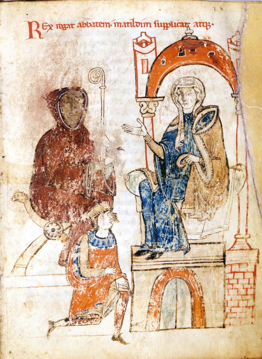 يتوسل الإمبراطور الألماني هنري الرابع (1050-1106) في ثوب التائب مسامحة البابا غريغوري السابع (هيلدبراند: 1015/20-1085) الذي لجأ إلى قلعة الكونتيسة ماتيلدا في توسكانا (1046-1115) في كانوسا. 25 - 28 يناير بواسطة فنان غير معروف