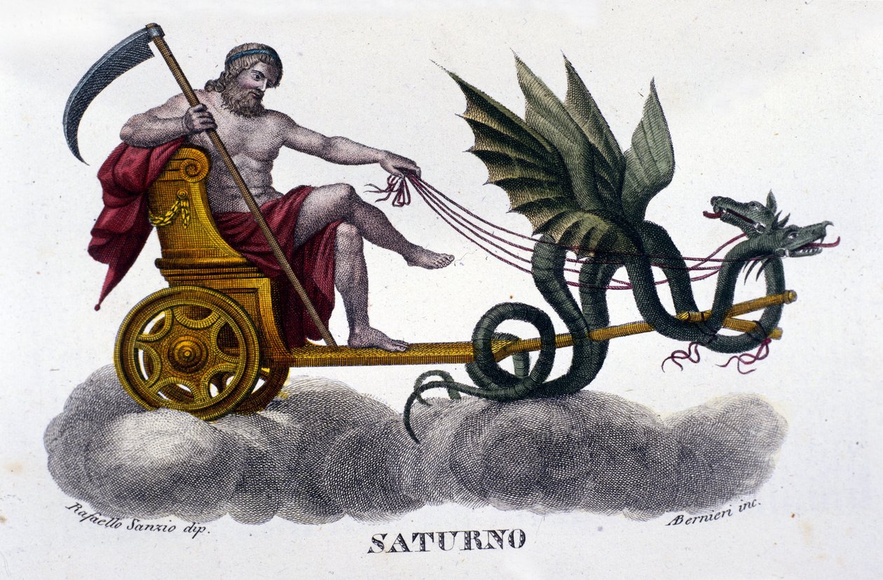 الله زحل (أو كرونوس) على دبابة أطلقها تنانين. من رسم توضيحي لـ Raffaello Sanzio. نقش القرن التاسع عشر. بواسطة فنان غير معروف