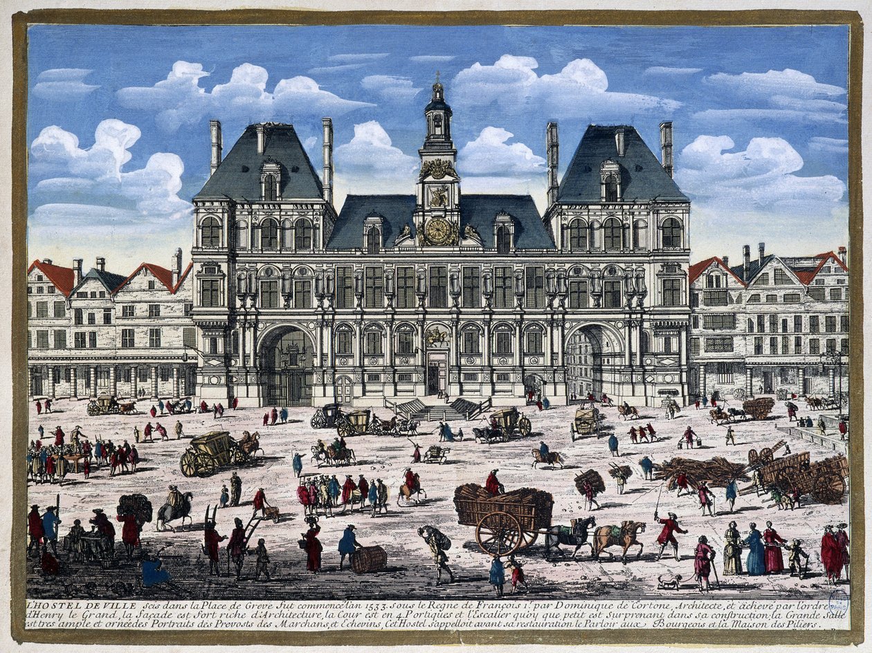 فندق Hôtel de Ville de Paris وساحته في القرن السادس عشر - نقش بواسطة فنان غير معروف