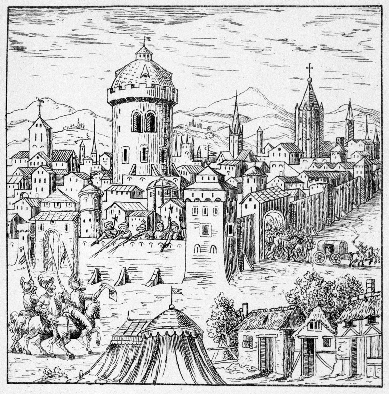 The Huguenots at Amboise حيث كان الملك فرانسوا الثاني (Conjuration of Amboise) - في "" مجموعة من 39 شخصية تمثل نكبات فرنسا من 1562 إلى 1586 "" ؛ مطبعة لويس بيرين بواسطة فنان غير معروف