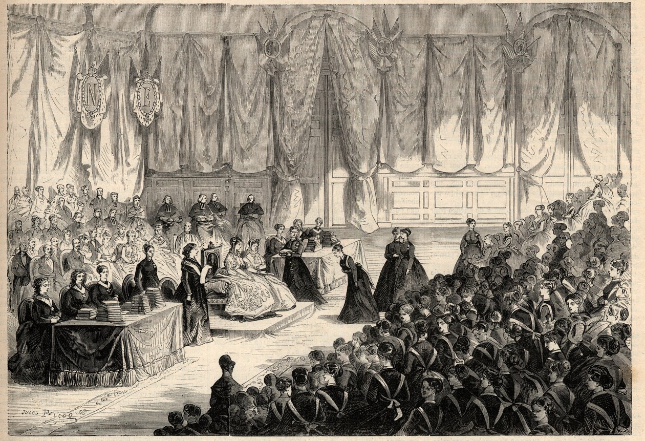 ترأست الإمبراطورة أوجيني دي مونتيجو (1826-1920) توزيع الجوائز على المؤسسة الإمبراطورية لجوقة الشرف في سانت دينيس. نقش في "" L'Univers اللامع "" بواسطة فنان غير معروف