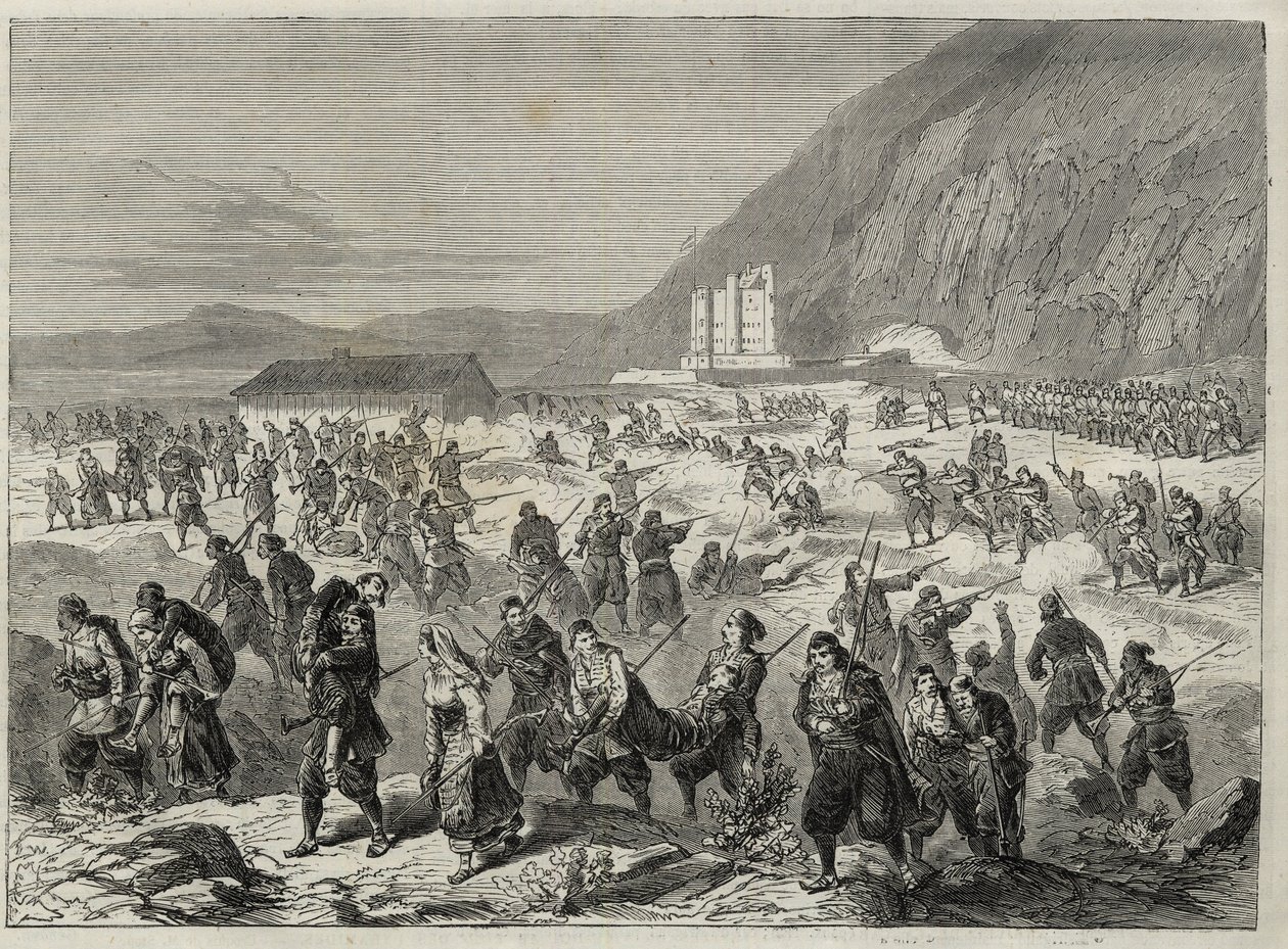 التمرد في دالماتيا (Bocche di Cattaro) - التمرد ضد التجنيد الإجباري الذي فرضته الحكومة النمساوية - أحداث DALMATIA. تمسّك بحصن ترينيتا ، بالقرب من كاتارو (بوشيس كوتور) - خليج كوتور - ١٨٦٩ - بواسطة فنان غير معروف